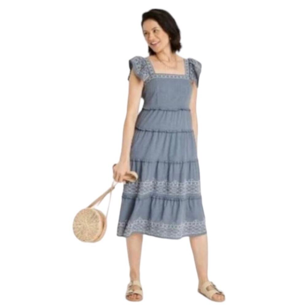 Knox Rose Ruffle Embroidered Tiered Dress Small